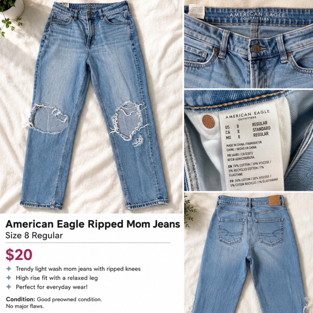American Eagle Outfitters Light Wash Ripped High-Rise Mom Jeans